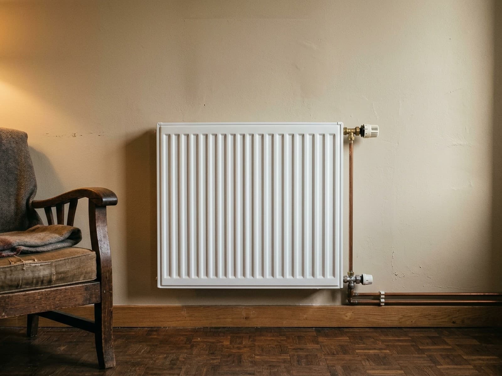 Radiateur panneau acier blanc neuf équipé d’un robinet thermostatique et raccordé en cuivre, au-dessus d’un parquet ancien